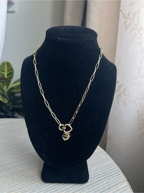 Gold Paperclip Chain Necklace with Heart Lock pavé Pendant and 3 heart charms